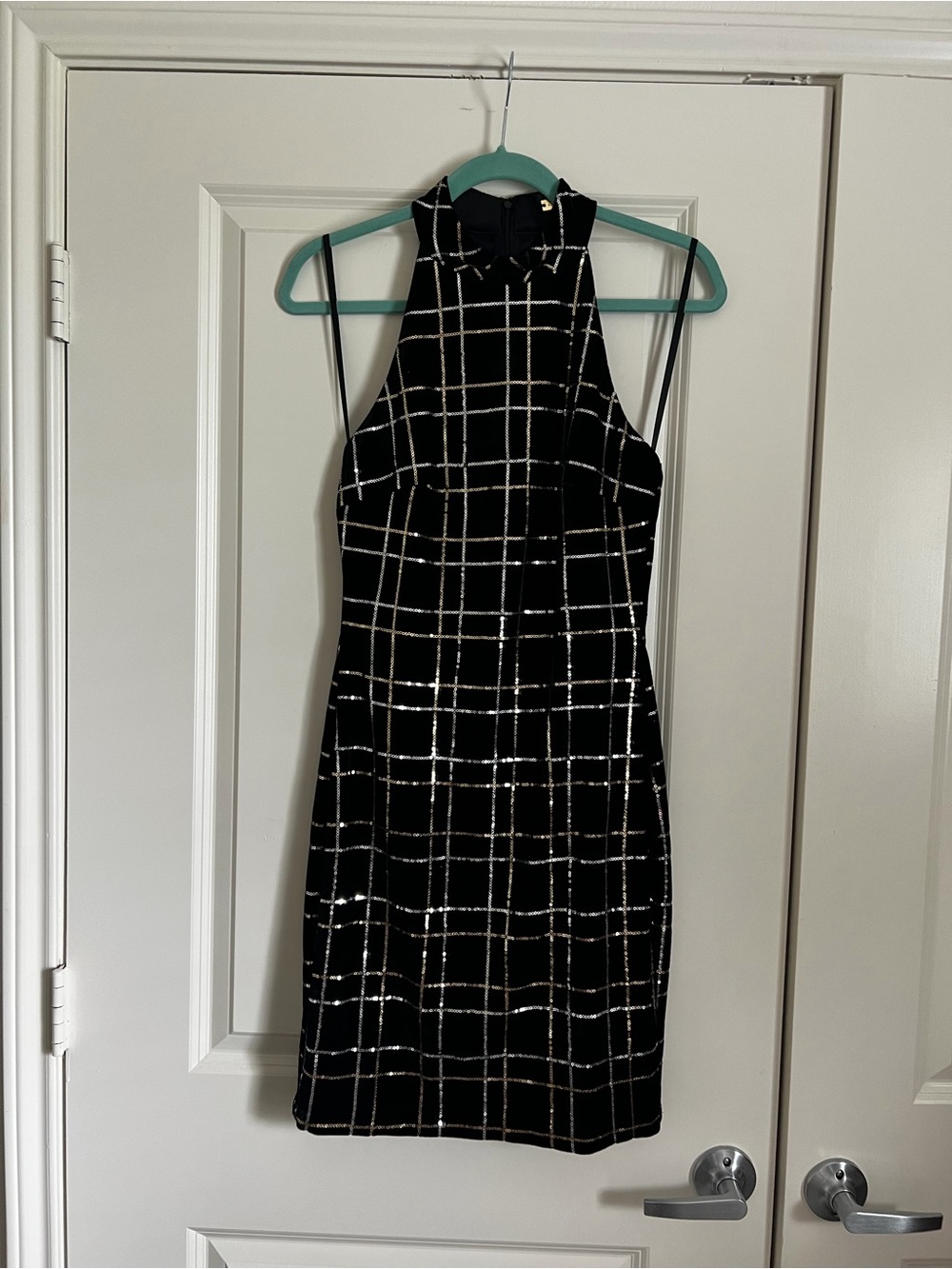 Alexia Admor Black Dress with Silver and Gold Grid Pattern